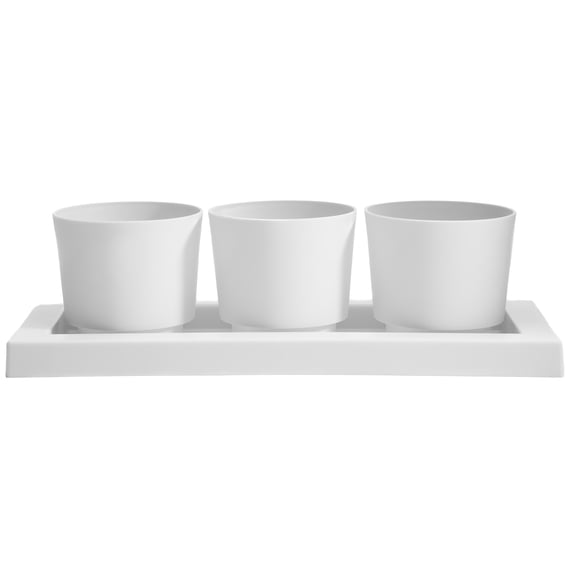 Trio Flight Casper White Planter Set W/ 3 Planters & Rectangle Saucer Tray