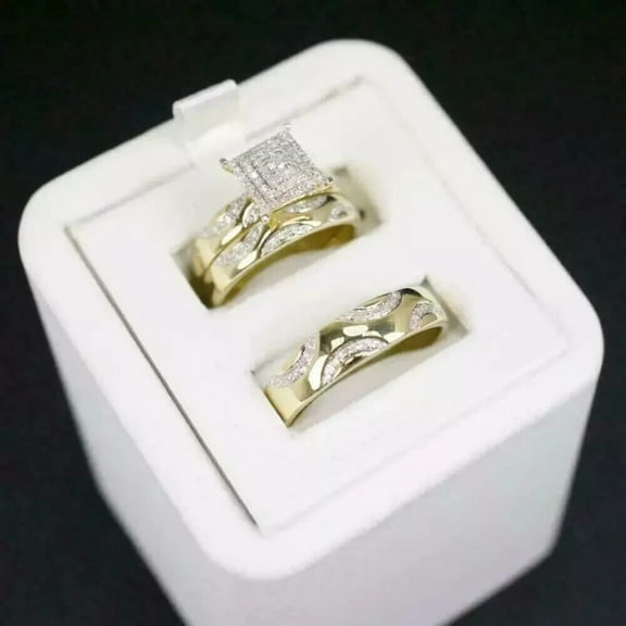 Trio His Her 2CT Lab Created Diamond Wedding Ring Set 14K Yellow Gold Plated 925 Sterling Silver