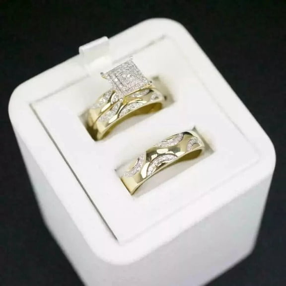 Trio His Her 2CT Round Cut Simulated Diamond Wedding Ring Set 14K Yellow Gold Plated 925 Sterling Silver
