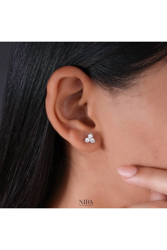 Trio Moissanite Stud Earrings, Round Cut 3 Leaf Clover Stud, Minimalist Three Stone Jewelry
