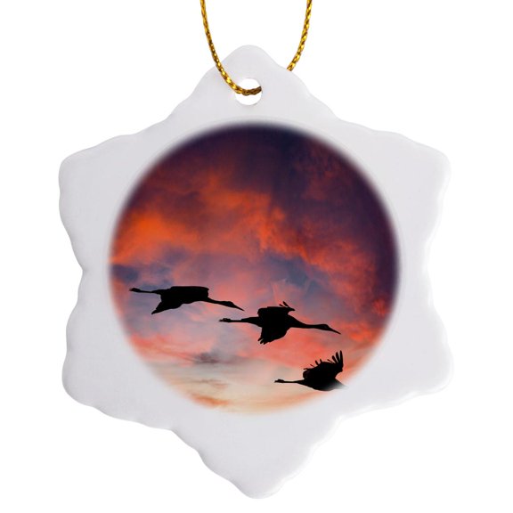 3drose, Trio of Sandhill Cranes Settling in for the Night., 3 inch Snowflake Porcelain Ornament