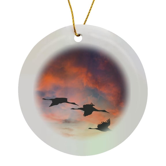 3drose, Trio of Sandhill Cranes Settling in for the Night., Circle Porcelain Ornament