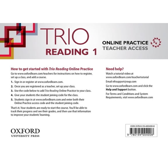 Trio Reading 1 Teacher Online Practice Access Code Card