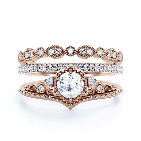 Trio Rings Art Deco 2.50 Carat Round Cut Diamond Moissanite Crown Engagement Ring, Wedding Ring in 925 Sterling Silver With 18k Rose Gold Plating, Gift For Her, Promise Rings, Anniversary Ring