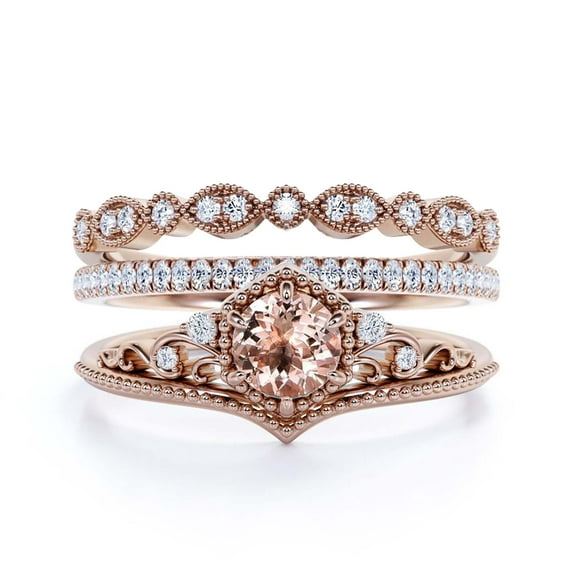 Trio Rings Art Deco 2.50 Carat Round Cut Morganite And Diamond Moissanite Crown Engagement Ring, Wedding Ring in 925 Sterling Silver With 18k Rose Gold Plating, Promise Rings, Anniversary Ring
