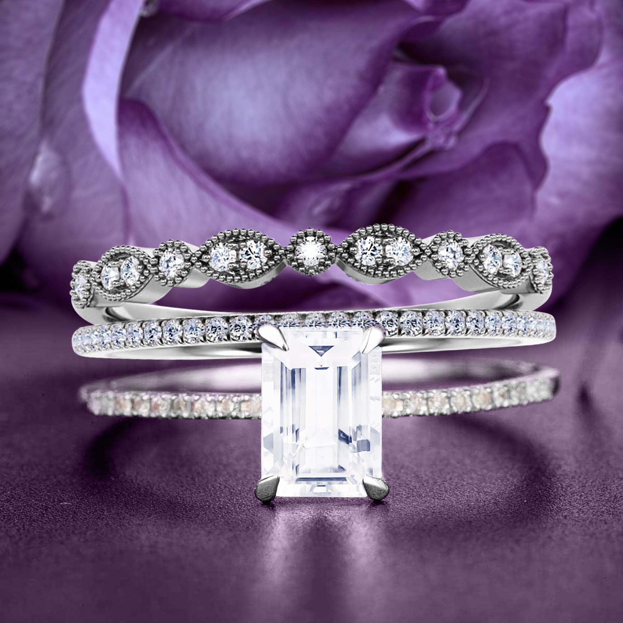 Bridal x 3 Ring Set, Vintage Design, Round Cut – Flawless Moissanite