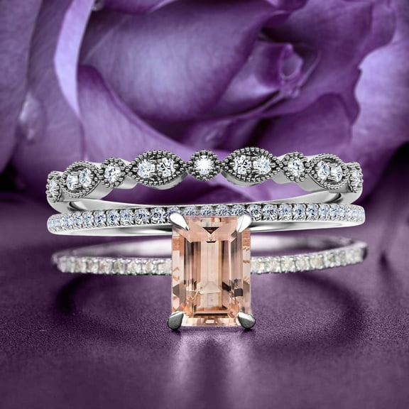 Trio Rings Set Dazzling Art Deco 2.25 Carat Emerald Cut Morganite And Diamond Moissanite Antique Engagement Ring, Wedding Ring in 10k Solid White Gold, Gift For Her, Promise Ring, Anniversary Ring