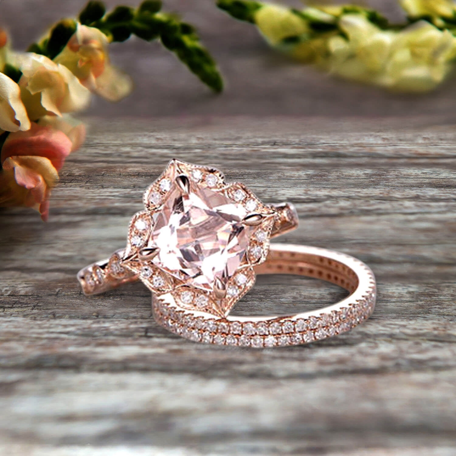 Vintage Emerald Cut Morganite Engagement Ring 14K Rose Gold