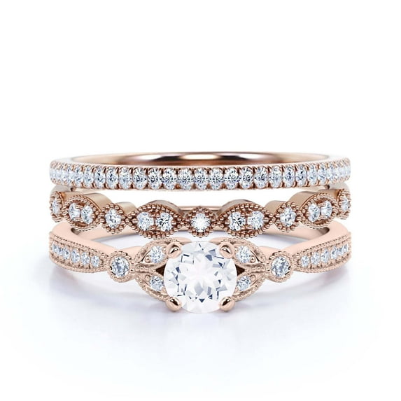 Trio Set 2.50 Carat Round Cut Diamond Moissanite Engagement Ring, Matching Wedding Band in 925 Sterling Silver With 18k Rose Gold Plating, Leaf Ring, Gift For her, Promise Ring, Anniversary Gift