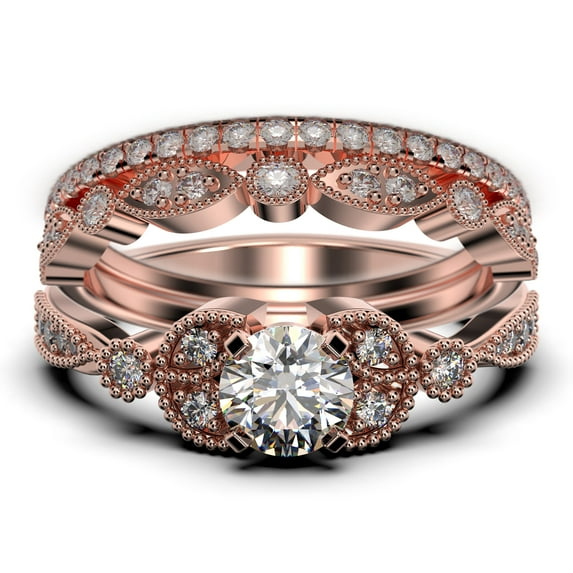 Trio Set 2.50 Carat Round Cut Diamond Moissanite Engagement Ring, Matching Wedding Band In 925 Sterling Silver With 18K Rose Gold Plating, Leaf Ring, Promise Ring, Anniversary Gift
