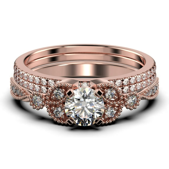 Trio Set 2.50 Carat Round Cut Diamond Moissanite Engagement Ring, Matching Wedding Band In 925 Sterling Silver With 18K Rose Gold Plating, Leaf Ring, Promise Ring, Anniversary Gift