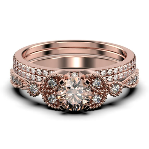 Trio Set 2.50 Carat Round Cut Morganite And Diamond Moissanite Engagement Ring, Matching Wedding Band in 925 Sterling Silver With 18k Rose Gold Plating, Leaf Ring, Promise Ring, Anniversary Gift