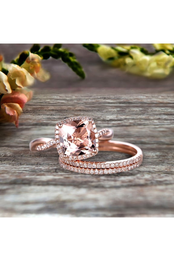 Trio Set 2 Carat Cushion Cut Morganite 10k Rose Gold Wedding Set Bridal Ring Infinity Stacking Matching Band Art Deco