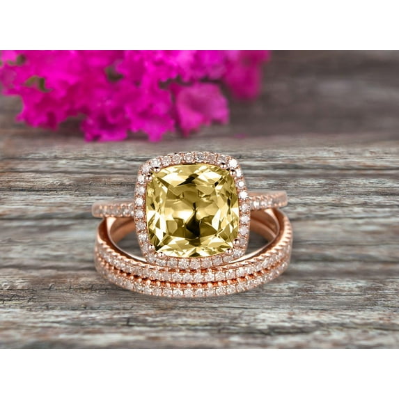 Trio Set 3.05 Carat 7mm Cushion Cut Champagne Diamond Moissanite Wedding Set Engagement Ring Bridal Ring Anniversary Ring On 10k Rose Gold Halo Glaring Staggering