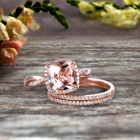 Trio Set 3.05 Carat 7mm Cushion Cut Morganite 10k Rose Gold Wedding Set Bridal Ring Infinity Stacking Matching Band Art Deco