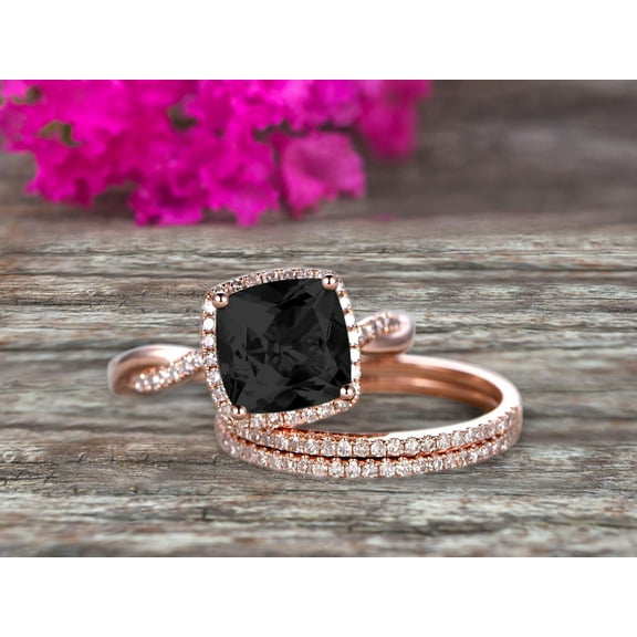 Trio Set 3.05 Carat Cushion Cut Black Diamond Moissanite 10k Rose Gold Wedding Set Bridal Ring Infinity Stacking Matching Band Art Deco