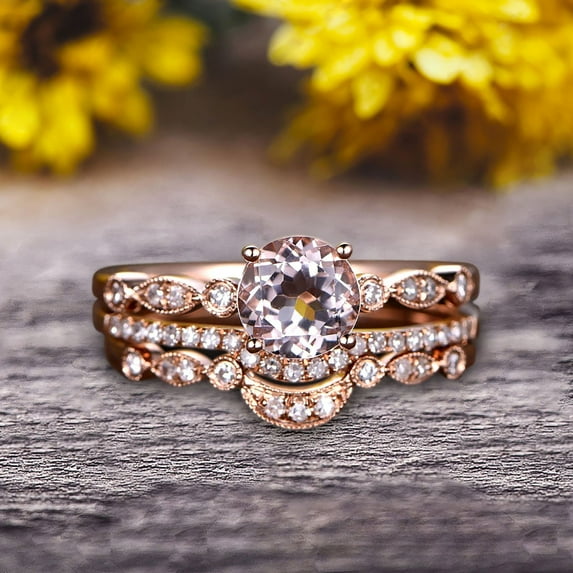 Trio Set 6mm Round Cut 2.50 Carat VS Pink Morganite Engagement Ring Set Milgrain Crown Wedding Band 10k Rose Gold Art Deco