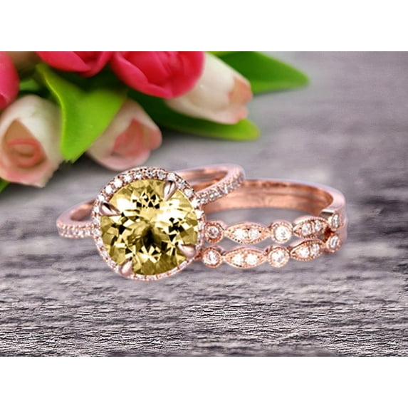 Trio Set Big 2.75 Carat Champagne Diamond Moissanite Wedding Ring Set Engagement Ring On 10k Rose Gold Stacking Matching Band 6mm Round Cut Gemstone Personalized for Brides