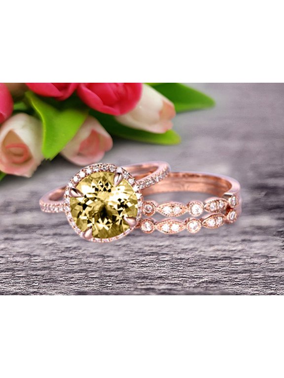 Trio Set Big 2.75 Carat Champagne Diamond Moissanite Wedding Ring Set Engagement Ring On 10k Rose Gold Stacking Matching Band 6mm Round Cut Gemstone Personalized for Brides