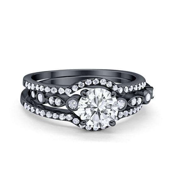 Trio Set Three Piece Round Ring Black Tone CZ 925 Sterling Silver Size 12