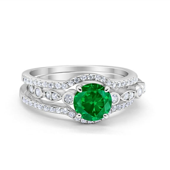 Trio Set Three Piece Round Ring Green Emerald CZ 925 Sterling Silver Size 9