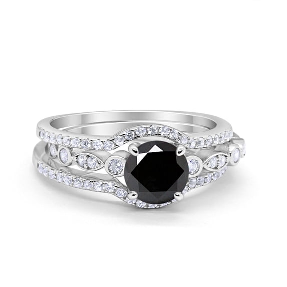 Trio Set Three Piece Wedding Ring Round Black CZ 925 Sterling Silver Size 4