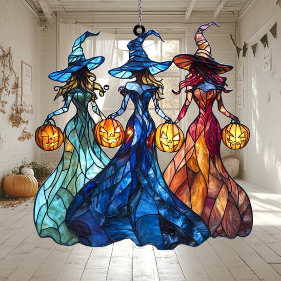 Trio Witch Sisters ACRYLIC Suncatcher Halloween Jack-O-Lantern Window Decor, Spooky Witchcraft Ornament, Fall Pumpkin Gift Idea