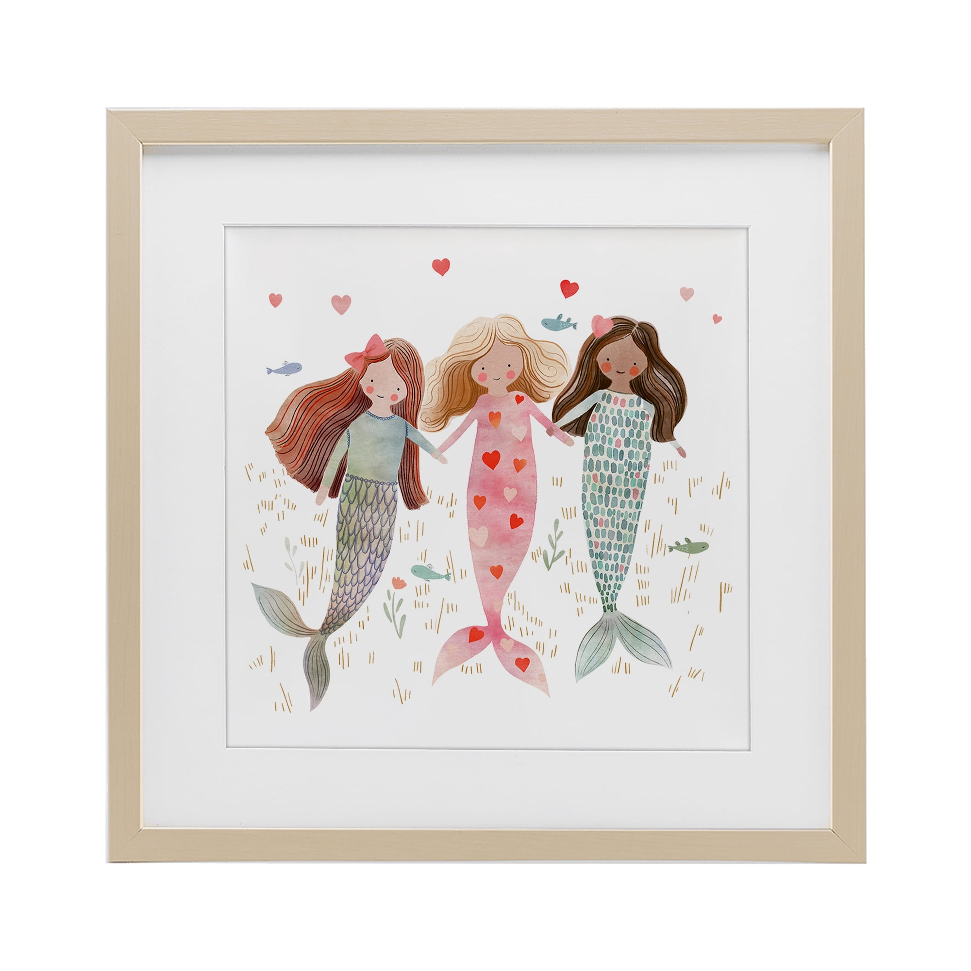 Trio of Mermaids Friendship Birch Framed Print Under Glass, design by Leah Straatsma
