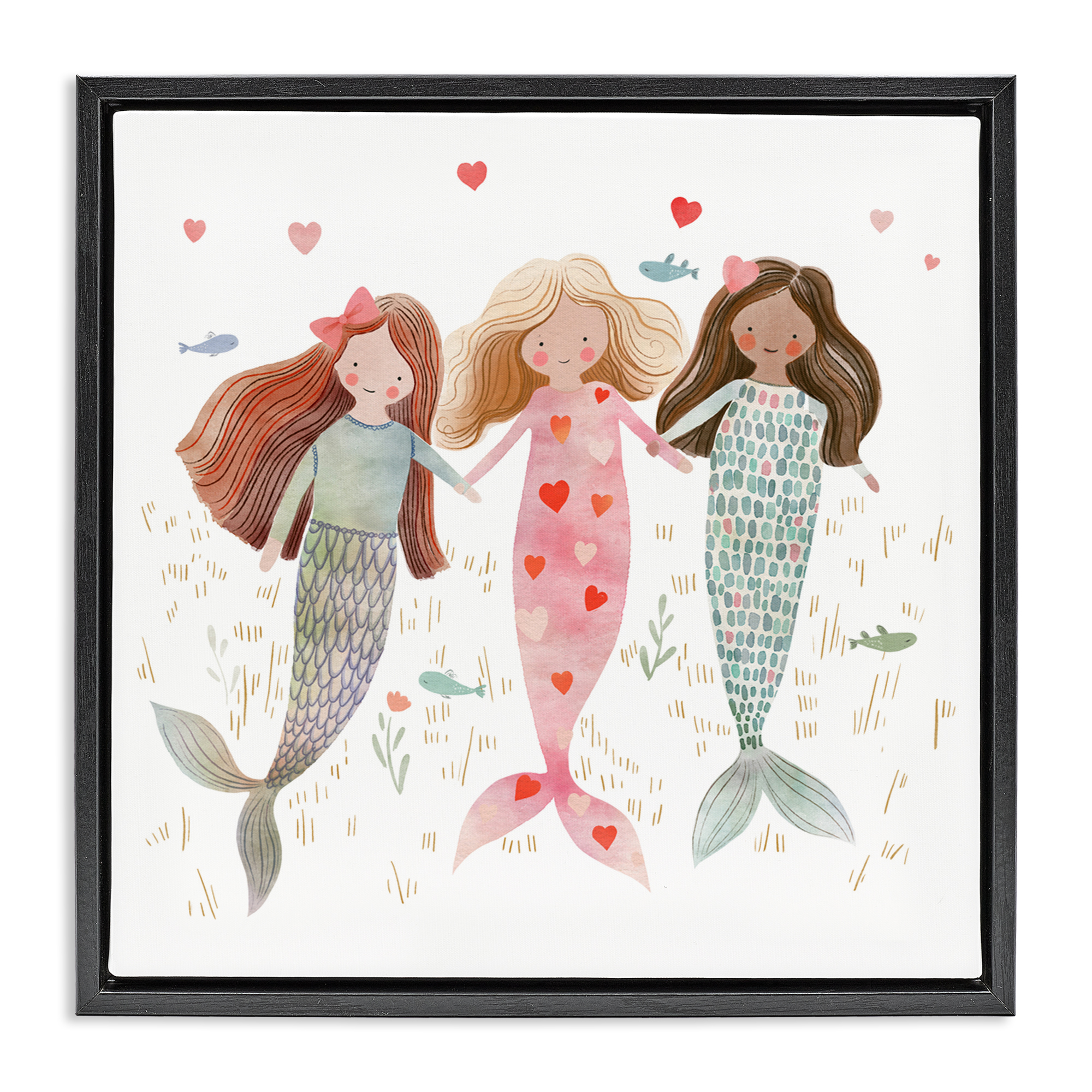 Trio of Mermaids Friendship Black Framed Floater Canvas Wall Art, design by Leah Straatsma