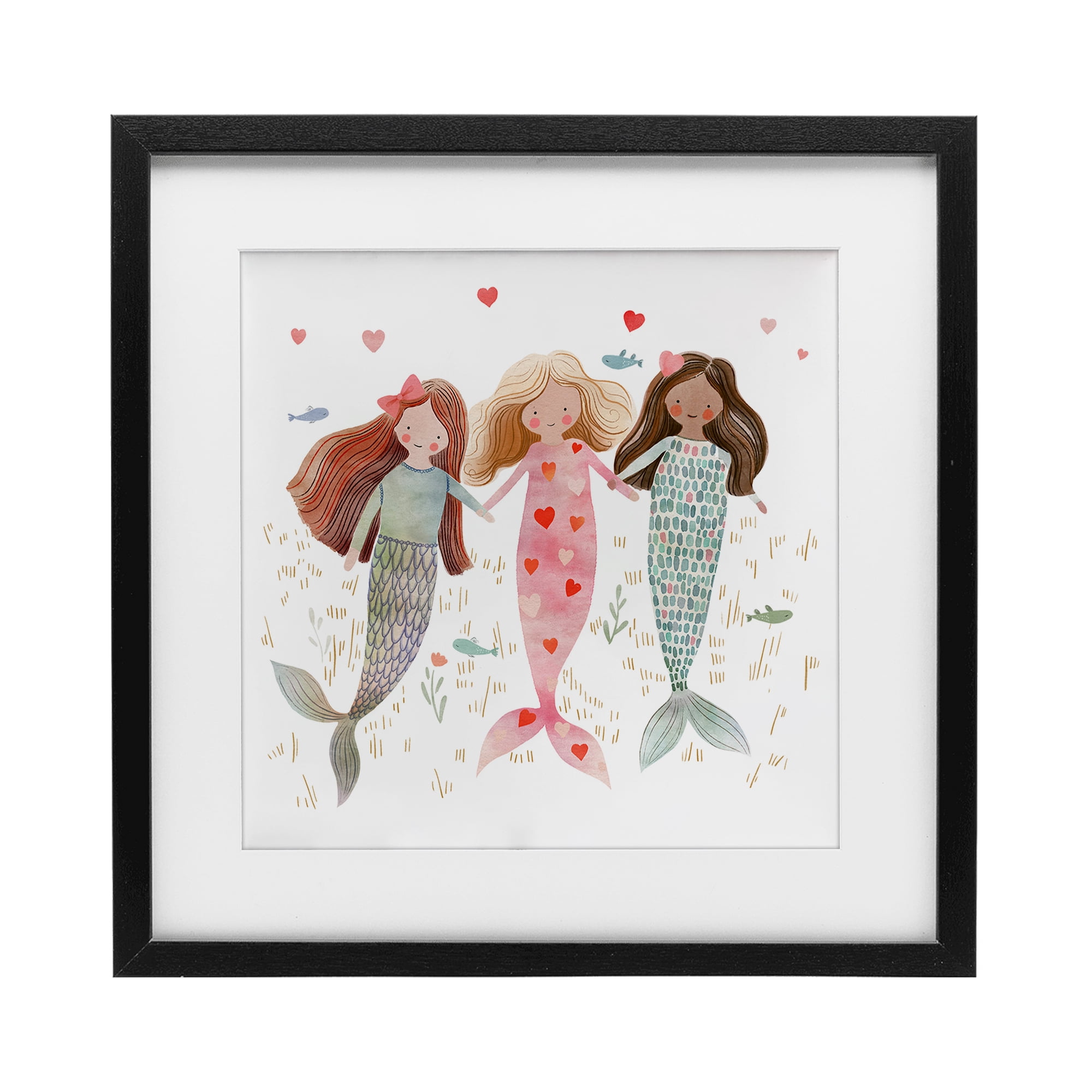 Trio of Mermaids Friendship Black Framed Print Under Glass, design by Leah Straatsma