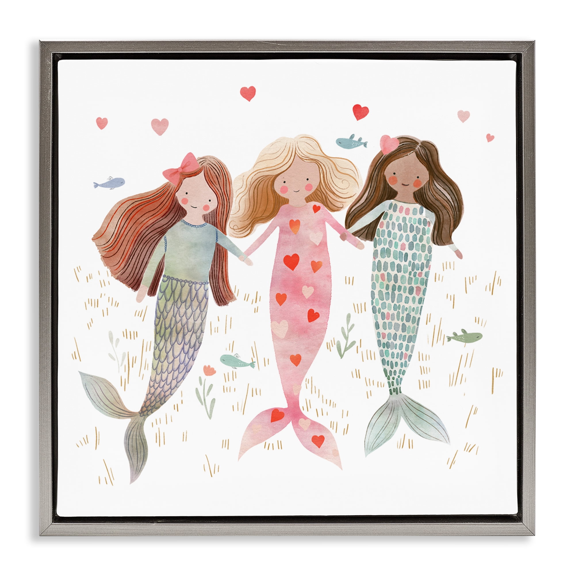 Trio of Mermaids Friendship Gray Framed Floater Canvas Wall Art, design by Leah Straatsma