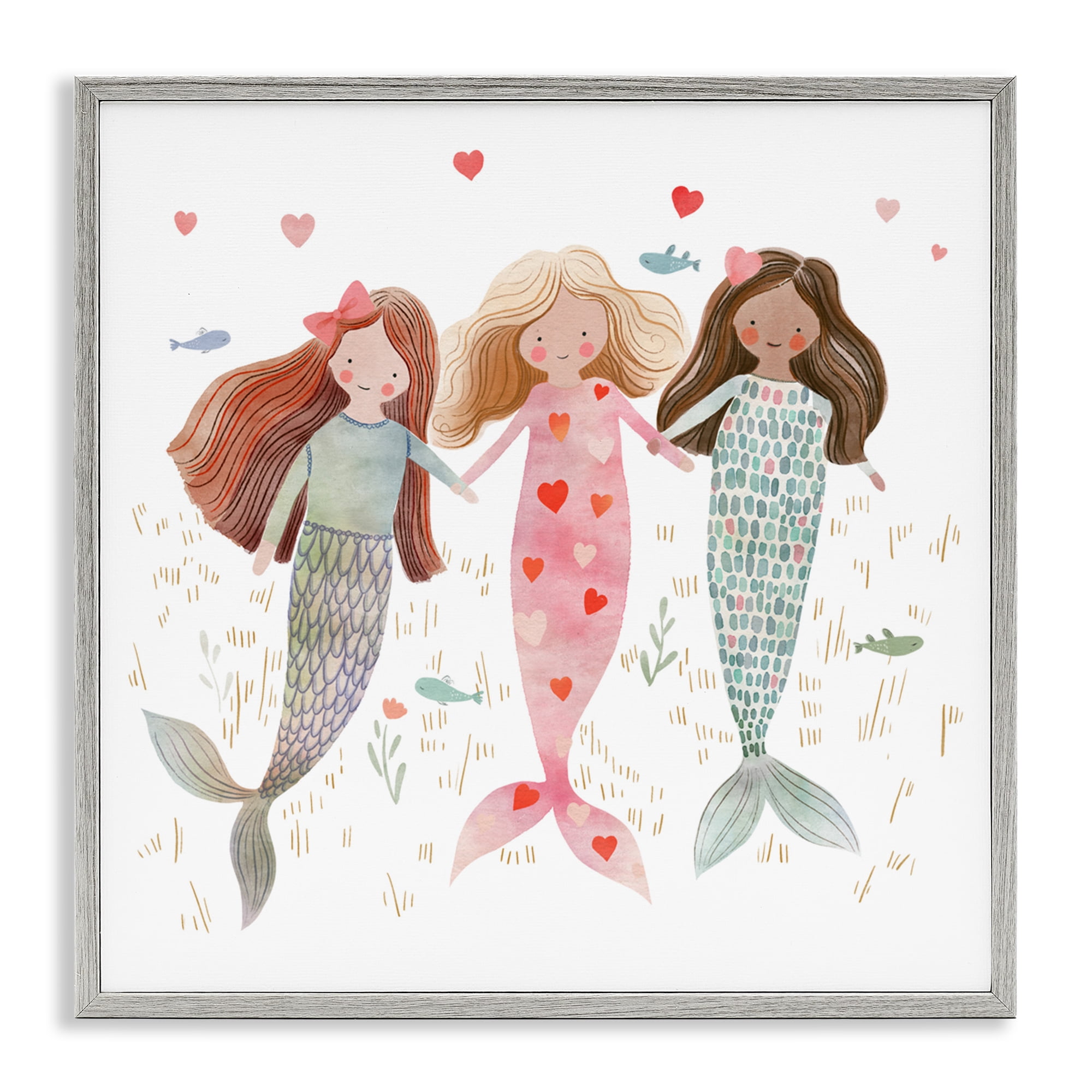 Trio of Mermaids Friendship Gray Framed Giclee Art, design by Leah Straatsma