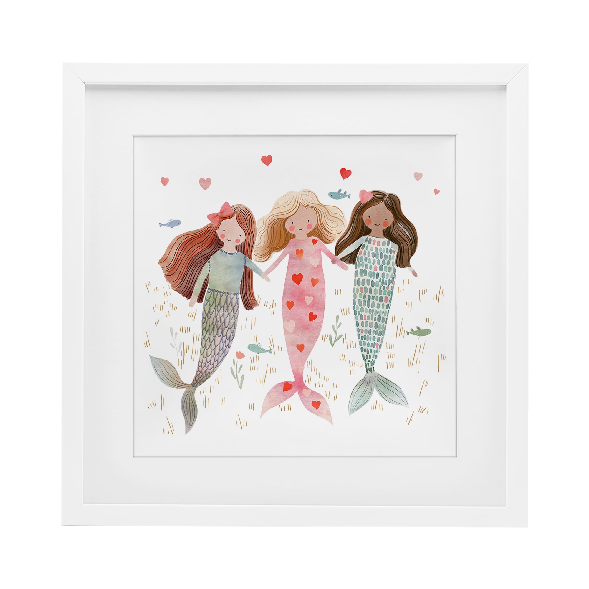 Trio of Mermaids Friendship White Framed Print Under Glass, design by Leah Straatsma