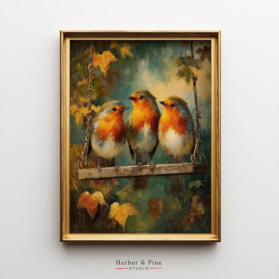 Trio of Robins Swing Rustic Spring Bird Wall Art, Unframed Paper Poster 8x10in