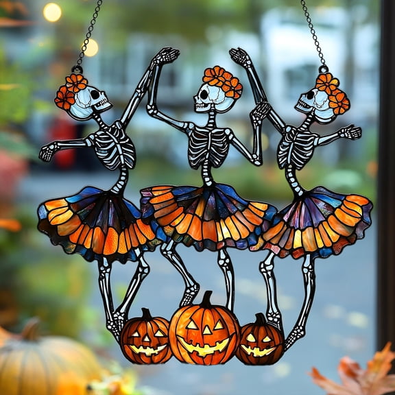 Trio of Skeleton Dancers Acrylic Window Art – Faux Stained Glass Suncatcher with Pumpkin Lanterns & Colorful Tutus, Spooky Fall Accent 4339836711 6225