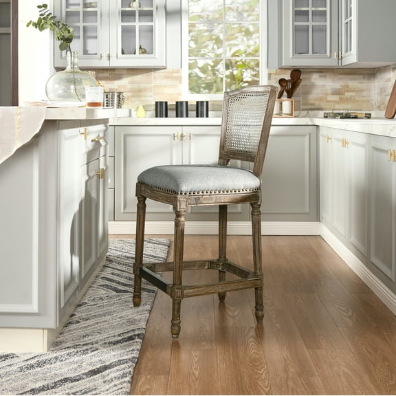 Triomphe Rattan Bar Stool, High Back, Heathered Grey Linen, 23H