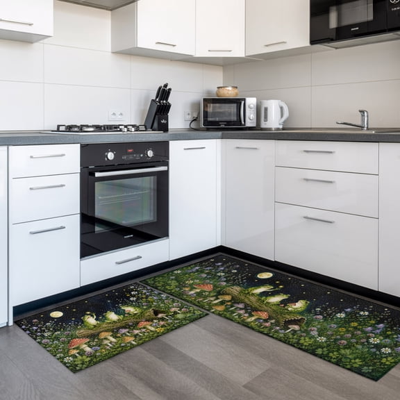 Trioof Frogs 2 Pieces Non-Slip Kitchen Mat Set, Whimsical Garden Green Frogs Red Mushrooms Flower Soft Door Mat with Rubber Backing, Dirtproof Rugs for Entrance Doorway, 23.6x35.4in+23.6x70.9in
