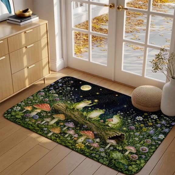 Trioof Frogs Front Door Mat Indoor Entrance, Whimsical Garden Green Frogs Red Mushrooms Flower Absorbent Dirt Resist Welcome Mats Non-Slip Low-Profile Doormat Washable Entry Rug Indoor 20X32 Inch