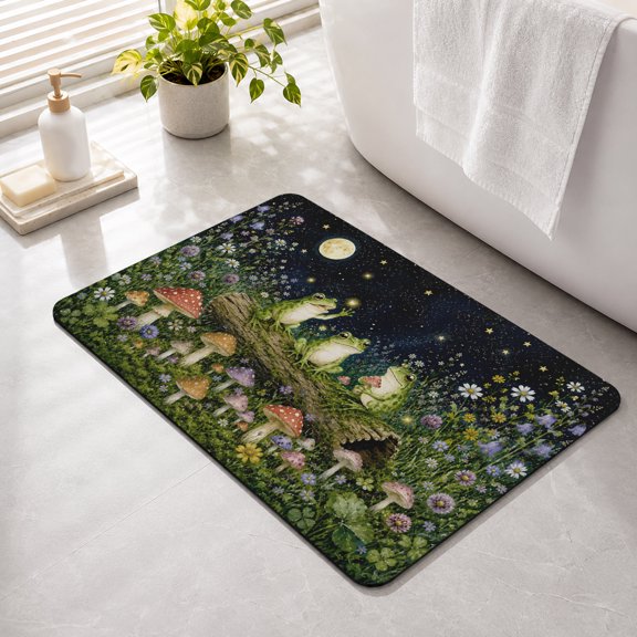 Trioof Frogs Non Slip Bathroom Mat, Whimsical Garden Green Frogs Red Mushrooms Flower Absorbent Bath Mat Rubber Backed Quick Dry Doormat Fit Under Door for Bathtub Shower Sink Kitchen 16"x24"