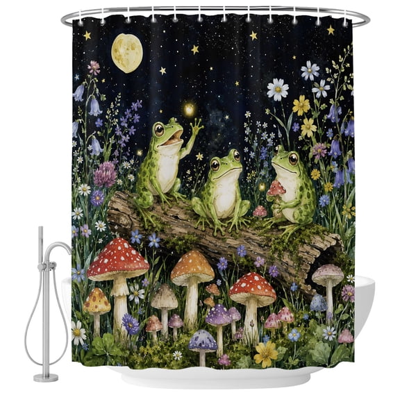 Trioof Frogs Shower Curtain for Bathroom, Whimsical Garden Green Frogs Red Mushrooms Flower Waterproof Cloth Fabric Bathroom Accessories Set with 12 Rust Proof Plastic Hooks, 72"x78"