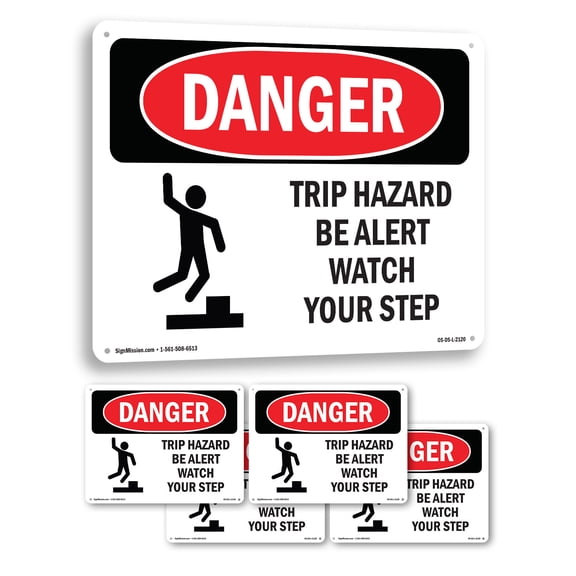 Trip Hazard Be Alert Watch Your Step OSHA Danger Aluminum Sign 10 Inch x 7 Inch - 5 Pack