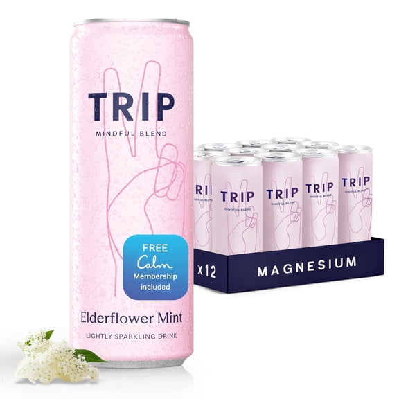 TRIP Sparkling Magnesium Drink, Elderflower Mint Flavor, 12 oz, 12 Pack, Adaptogen Drink With Ashwagandha and Lions Mane