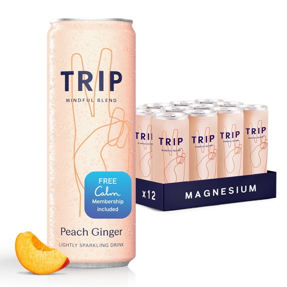 TRIP Sparkling Magnesium Drink, Peach Ginger Flavor, 12 oz, 12 Pack, Adaptogen Drink With Ashwagandha and Lions Mane