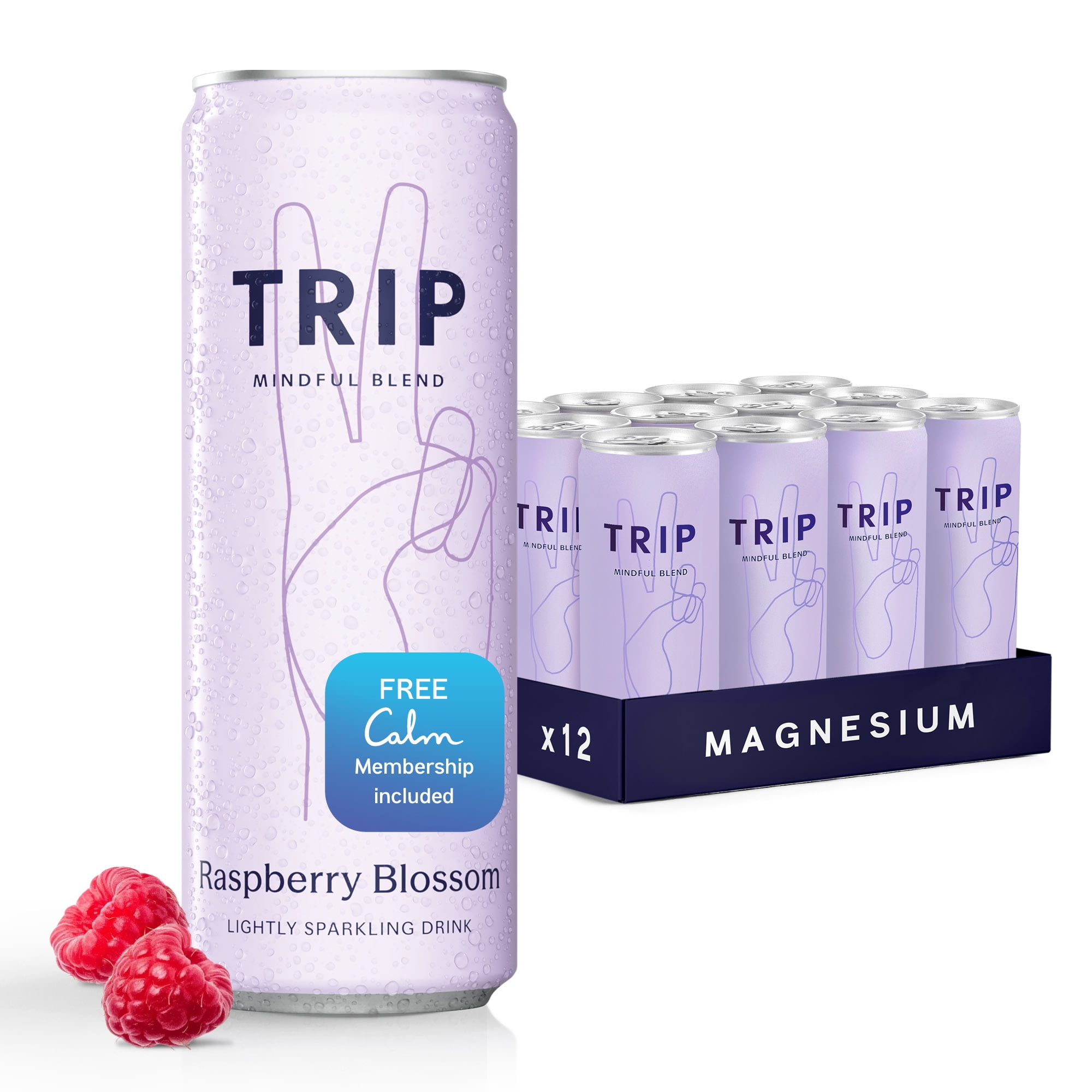 (12 pack) TRIP Lightly Sparkling Non-Alcoholic Drink with Magnesium, Ashwagandha, Lion's Mane & L-Theanine, No Added Sugar Mocktail, Vegan, Raspberry Blossom 12 fl oz