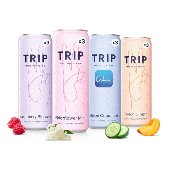 TRIP Sparkling Magnesium Drink, Variety Pack Flavor, 12 oz, 12 Pack, Adaptogen Drink With Ashwagandha and Lions Mane