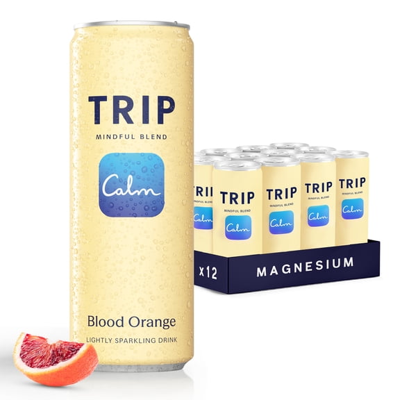 Trip Mindful Blend, Lightly Sparkling Calming Drink, 120 MG Magnesium Citrate with Ashwagandha, Lions Mane & L Theanine, No Added Sugar, Low Calorie, Vegan, Blood Orange, 12 Oz, 12Pk