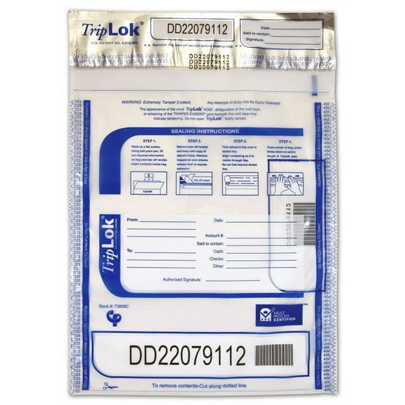 TripLOK 9 X 12 Currency Deposit Bag, White, 2 Pockets