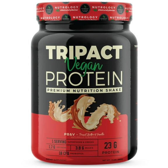 Tripact Vegan ProteinNon-GMOOrganic Plant ProteinsSuperfoods-GreensProbiotics-Digestive EnzymesBCAAs and GlutamineNo Artificial Colors, Flavors or HormonesPeanut Butter Vanilla(20 servings)