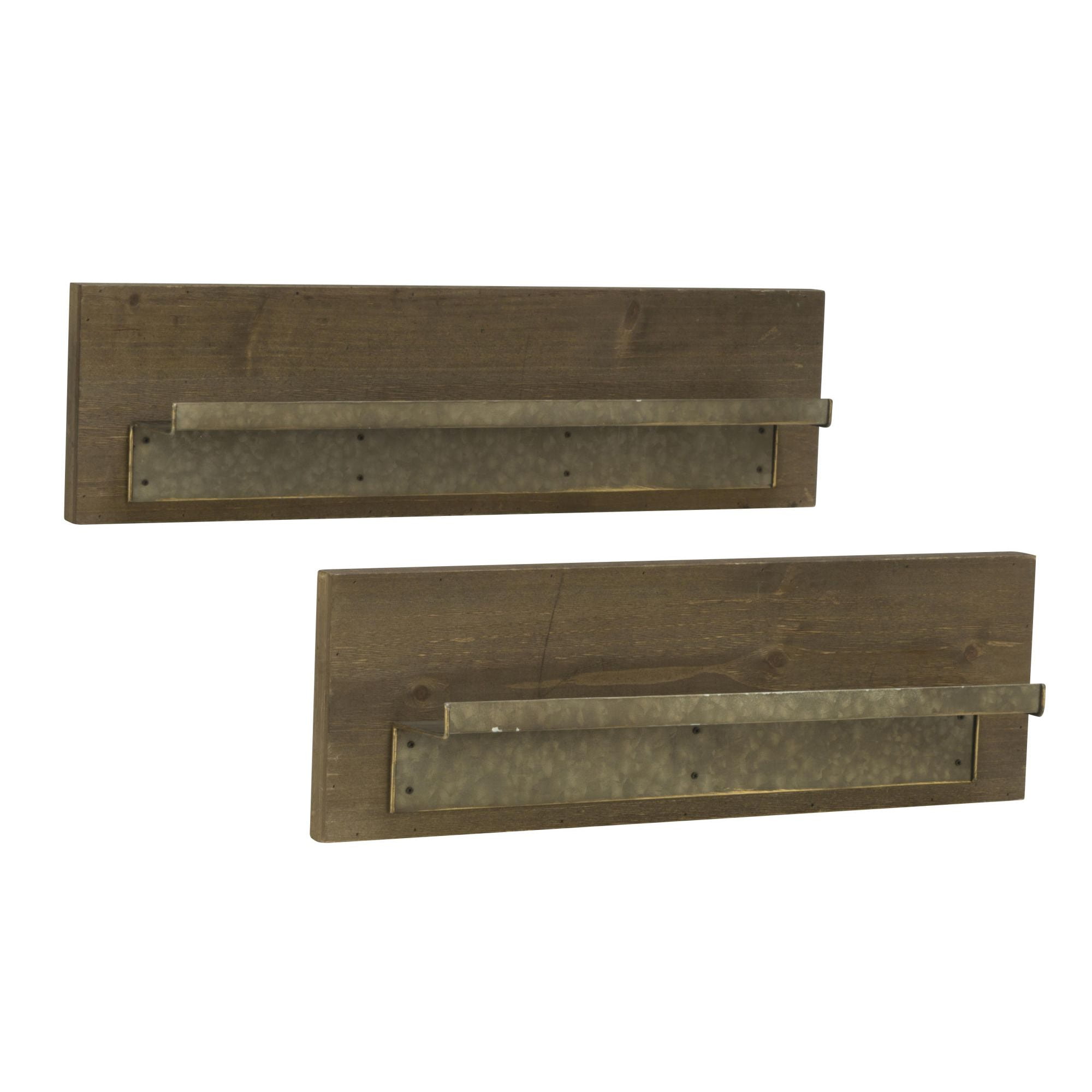 Set of 2 Natural Wood and Metal Rectangular Shelves with Ledge