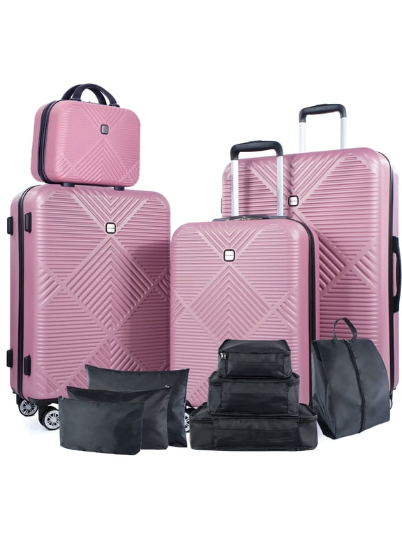 11 Piece Hardshell Luggage Set, 20/24/28 Inch Carry On Spinner Suitcase with Packing Cubes Toiletry Bag, Lightweight Durable Travel Suitcase Smooth Rolling Wheels,Pink